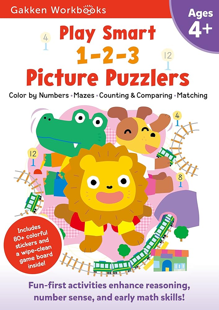 Play Smart 1-2-3 Picture Puzzlers Age 4+: Pre-K Activity Workbook with Stickers for Toddlers Ages 4, 5, 6: Learn Using Favorite Themes: Tracing, Mazes, Counting (Full Color Pages) cover image