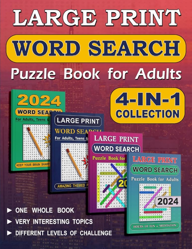 4-IN-1 Word Search Puzzle Book for Adults: Word Search Books for Adults Large Print. Brain Game & Activity Book for Adults, Teens & Seniors. cover image