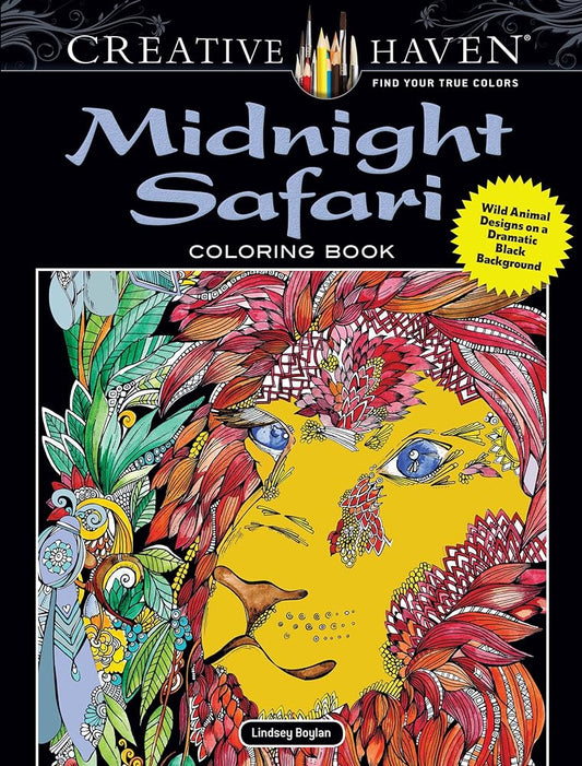 Creative Haven Midnight Safari Coloring Book: Wild Animal Designs on a Dramatic Black Background (Adult Coloring Books: Animals) cover image