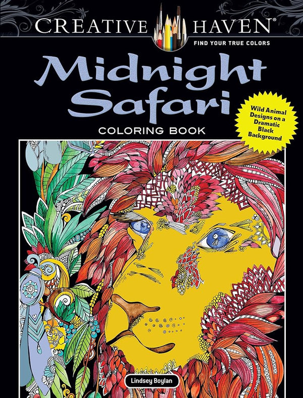 Creative Haven Midnight Safari Coloring Book: Wild Animal Designs on a Dramatic Black Background (Adult Coloring Books: Animals) cover image