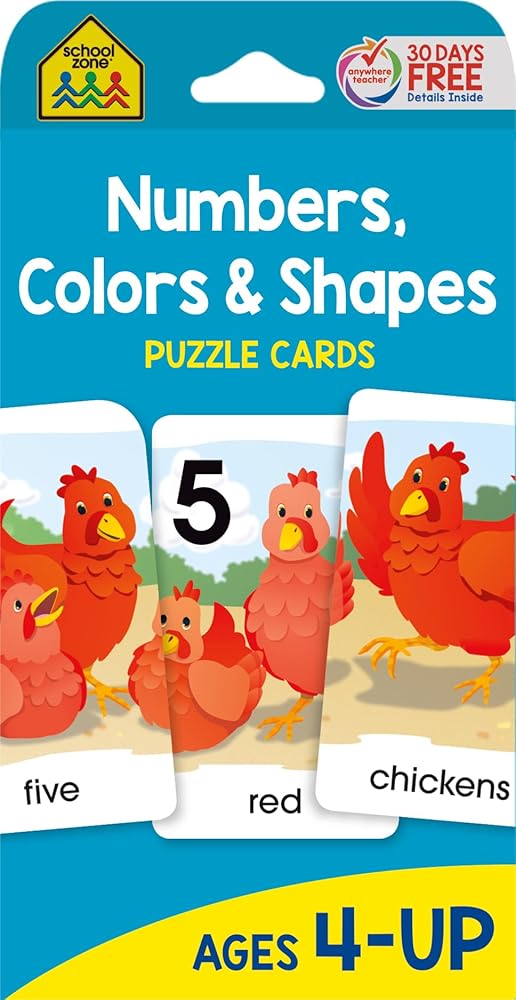 School Zone Numbers, Colors & Shapes Puzzle Cards: 56 Flash Cards, Pre-K, Preschool, Kindergarten, 18 Full-Color Puzzles, Animal Pictures, Animal Names, Counting, Early Math, Short Sentences, Ages 4+ cover image