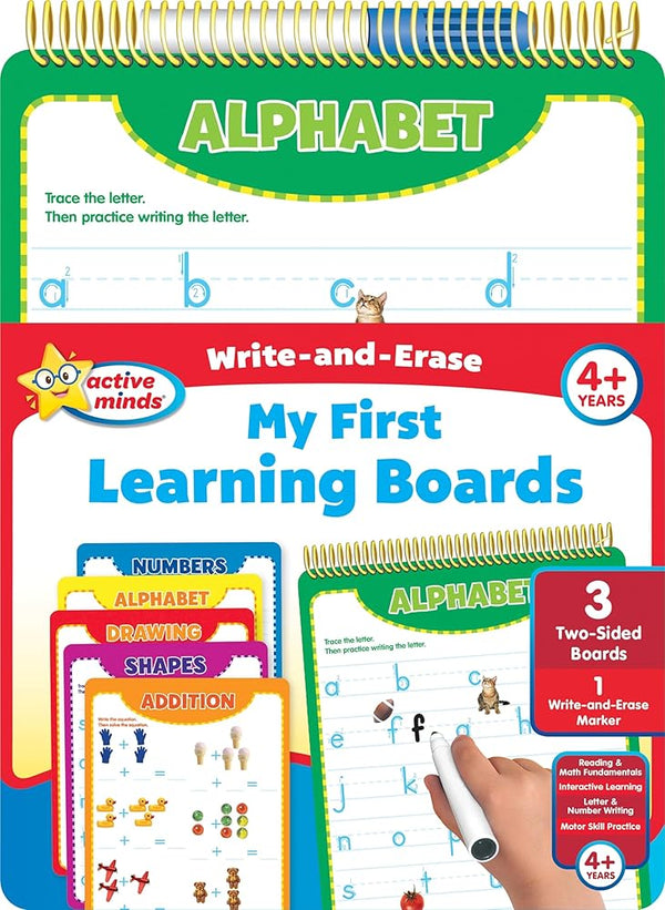 Active Minds - Write-and-Erase - Wipe Clean Learning Boards Ages 4+ - Numbers, Addition, Alphabet, Shapes, and Drawing cover image