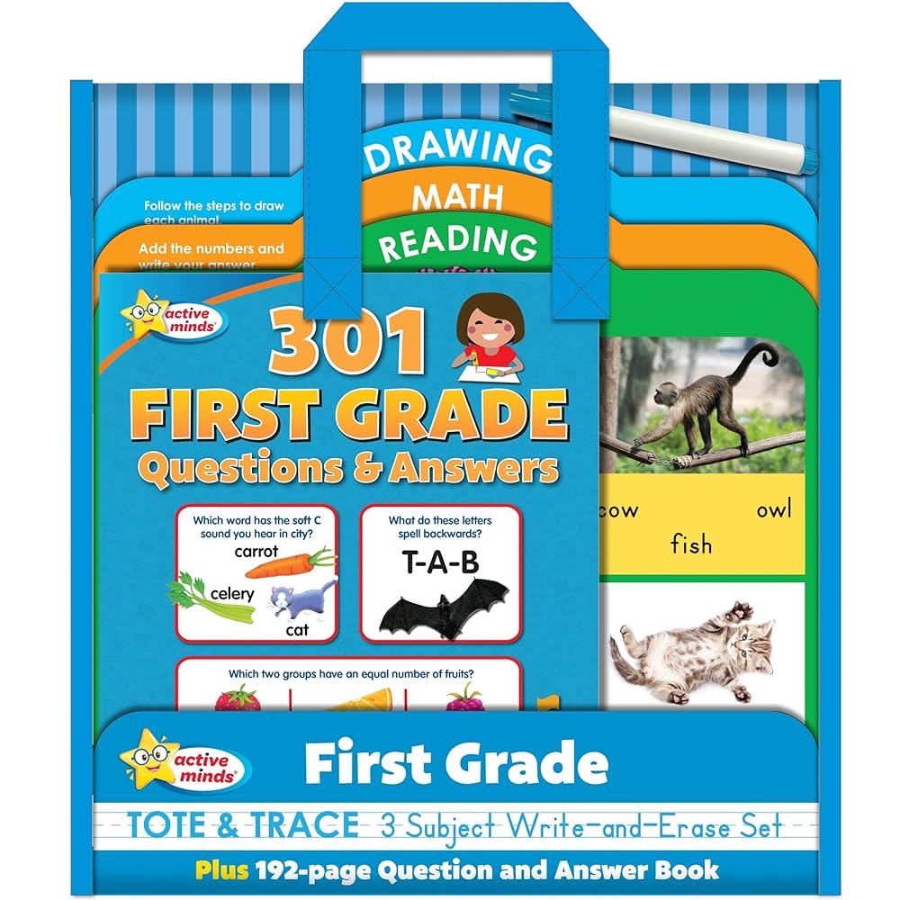 Active Minds - First Grade Tote & Trace - 3 Subject Write-and-Erase Wipe Clean Board Set and 192-Page Question and Answer Workbook - Language Arts, ... and More! (Active Minds Tote and Trace) cover image