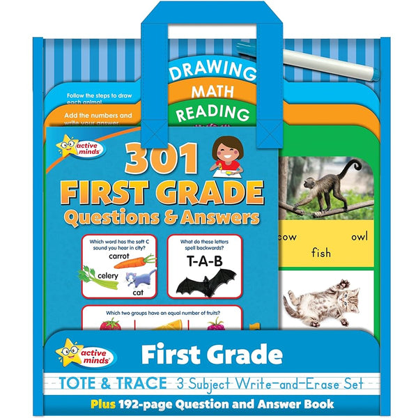 Active Minds - First Grade Tote & Trace - 3 Subject Write-and-Erase Wipe Clean Board Set and 192-Page Question and Answer Workbook - Language Arts, ... and More! (Active Minds Tote and Trace) cover image