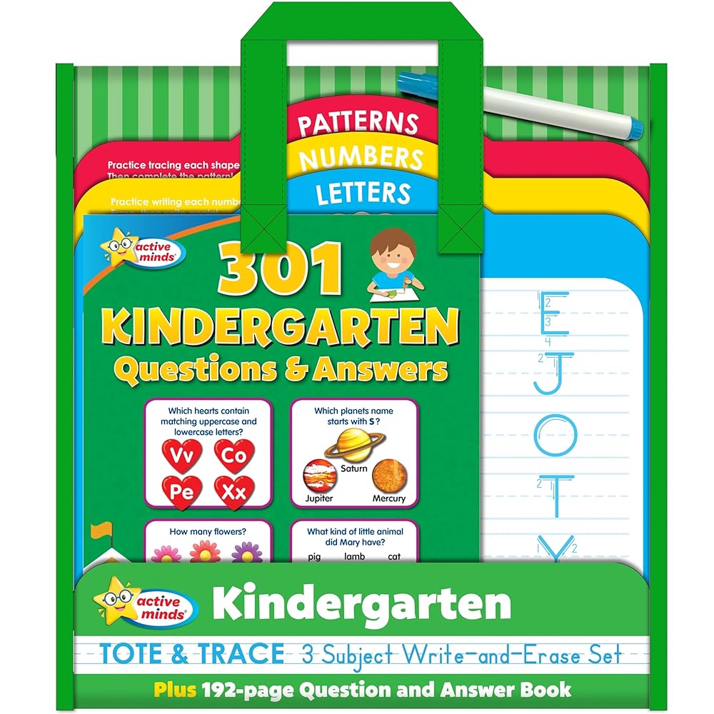 Active Minds - Kindergarten Tote & Trace 3 Subject Write-and-Erase Wipe Clean Set and 192 Page Question and Answer Workbook - Language Arts, Math, Science, and More! cover image