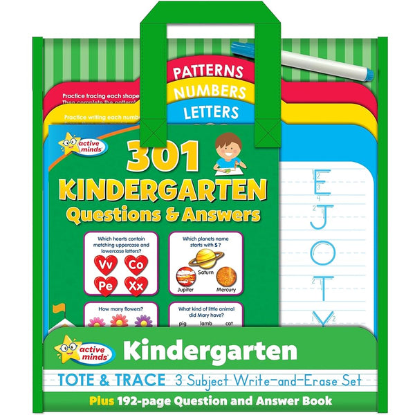 Active Minds - Kindergarten Tote & Trace 3 Subject Write-and-Erase Wipe Clean Set and 192 Page Question and Answer Workbook - Language Arts, Math, Science, and More! cover image