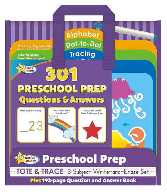 Active Minds - Preschool Prep Tote & Trace 3 Subject Write-and-Erase Wipe Clean Set and 192 Page Question and Answer Workbook - Language Arts, Math, Science, and More! cover image