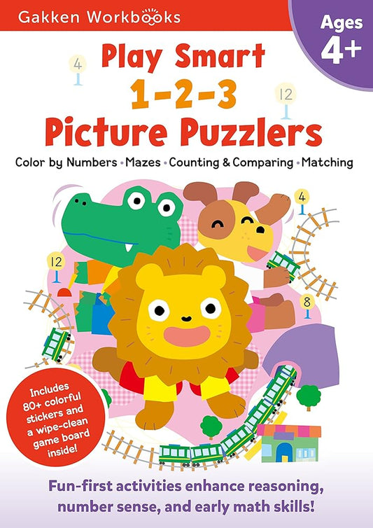 Play Smart 1-2-3 Picture Puzzlers Age 4+: Pre-K Activity Workbook with Stickers for Toddlers Ages 4, 5, 6: Learn Using Favorite Themes: Tracing, Mazes, Counting (Full Color Pages) cover image
